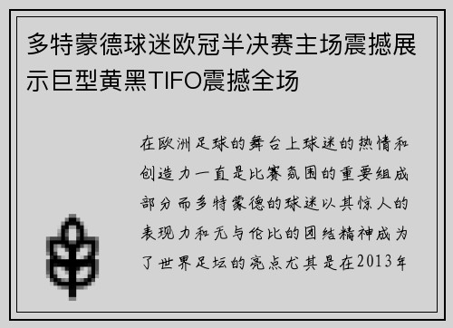 多特蒙德球迷欧冠半决赛主场震撼展示巨型黄黑TIFO震撼全场 多特蒙德球迷欧冠半决赛主场震撼展示巨型黄黑TIFO震撼全场
